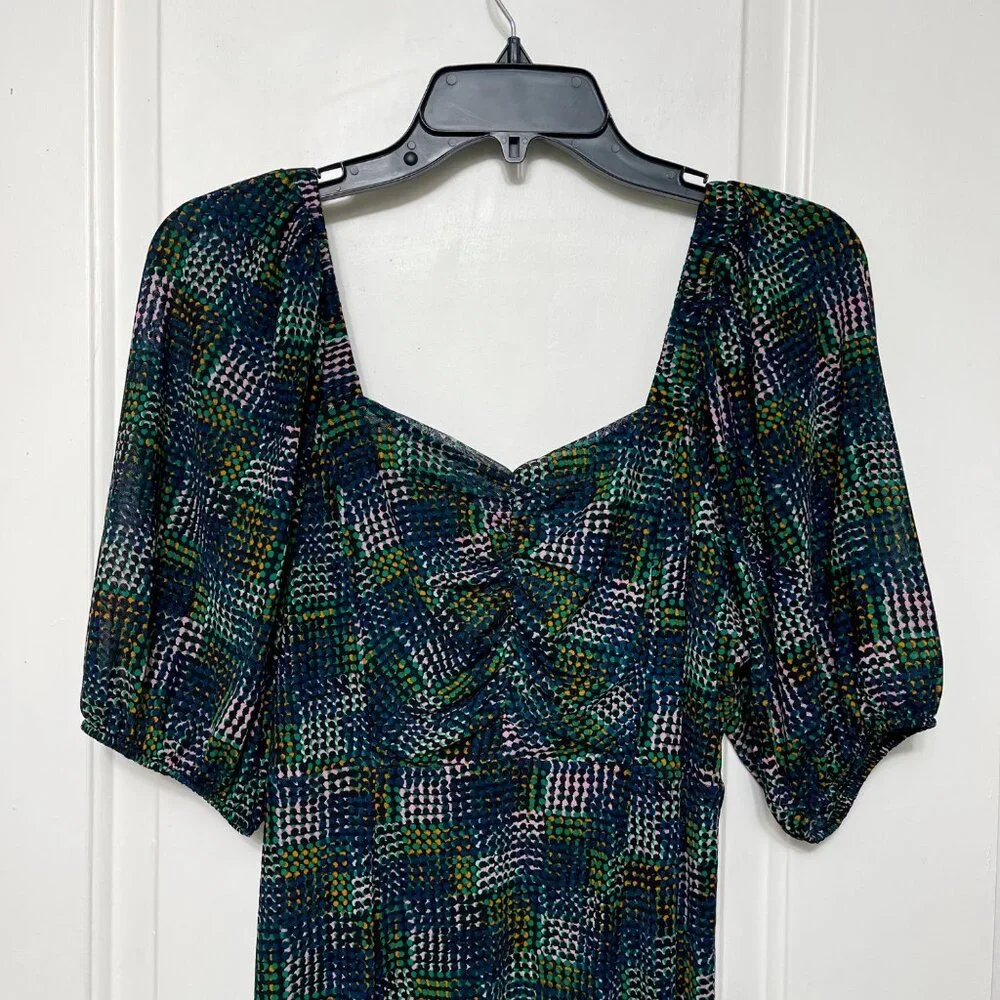 Elaine Puff Sleeve Multicolored Dot Mesh Midi Dress in Green‎ Size XS